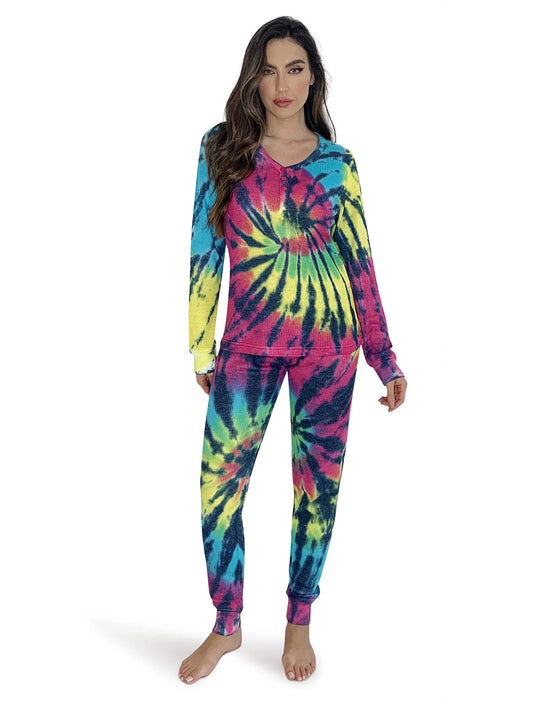 #FollowMe Women's Printed Henley Thermal Underwear Set with Jogger Pant (Tie Dye Blue Brights, Medium)