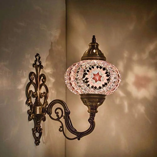 (31 Models) Handmade Wall Lamp Mosaic Shade, 2019 Stunning 16.5" Height - 7" Globe, Turkish Moroccan Glass Lantern Arabian Bedside Home Decoration Light Bronze (Iris)