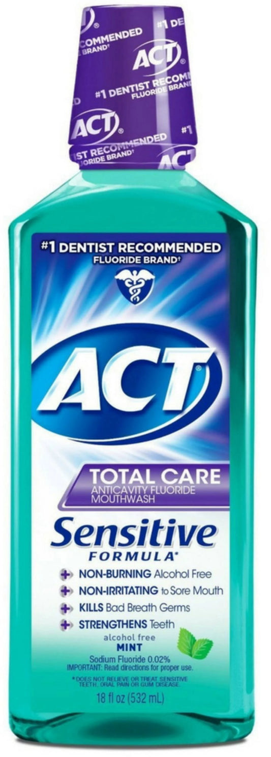 "ACT Total Care Anticavity Fluoride Sensitive Mouthwash, Mint, 18oz, 4-Pack"