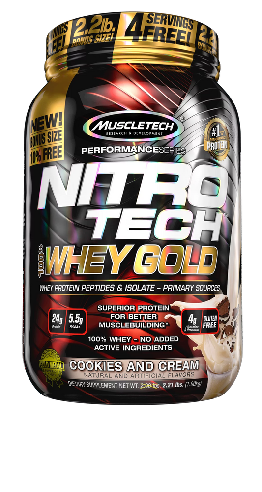 "NitroTech Whey Gold, 100% Whey Protein Powder, Whey Isolate and Whey Peptides, Cookies and Cream, (2.0lbs)"