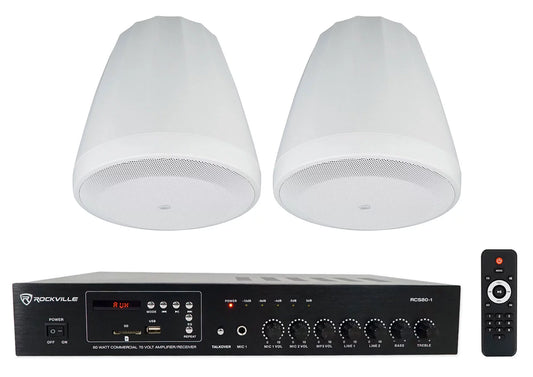 (2) JBL Control 64P/T 4" 30w Commercial 70v Hanging Pendant Speakers+Amplifier