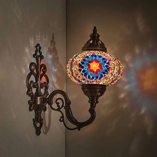(31 Models) Handmade Wall Lamp Mosaic Shade, 2019 Stunning 16.5" Height - 7" Globe, Turkish Moroccan Glass Lantern Arabian Bedside Home Decoration Light Bronze (Aegean)