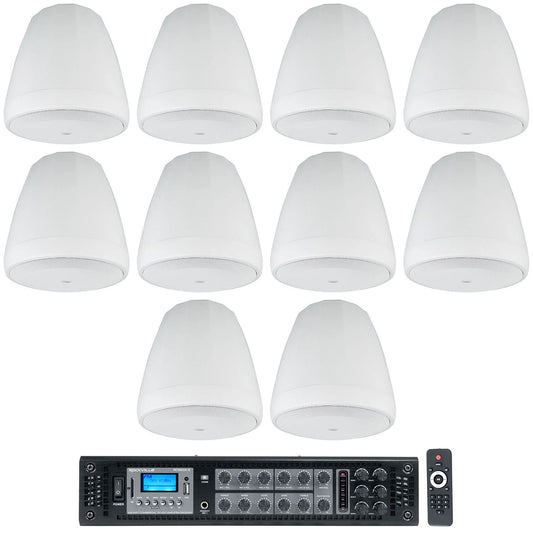 (10) JBL Control 67 P/T 6.5" Commercial 70v White Hanging Pendant Speakers + Amp
